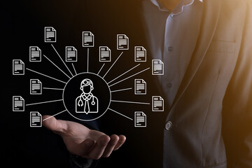 Document Management System DMS .Businessman hold doctor and document icon.Software for archiving,...