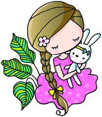 vector cartoon girl with toy rabbit