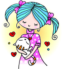 vector cartoon girl with cat