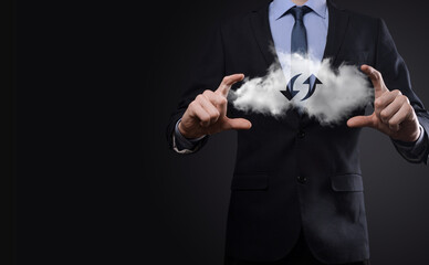 Cloud technology. Polygonal wireframe cloud storage sign with two arrows up and down on dark ....