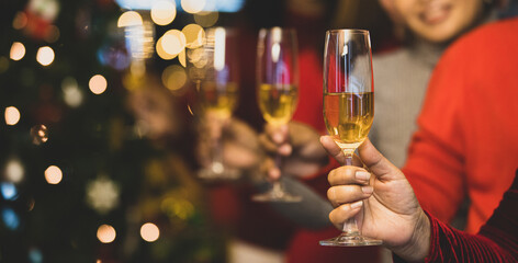 Drinking glass carried in row by happy women group in sweater, preparing to toast together to celebrate and cheer blissful Christmas at winter night gala