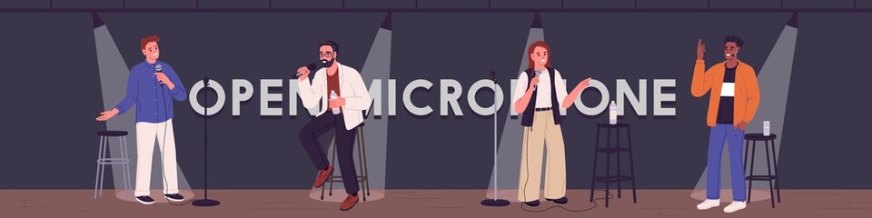 Open mic banner with comedians on stage. Spotlighted comics with microphones joking at stand-up comedy show. Laughing people on standup club scene. Colored flat vector illustration of stand-upers