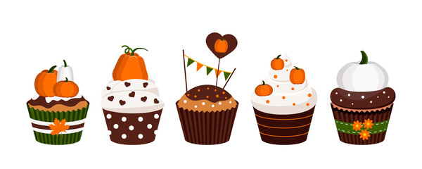 Cupcakes pumpkin dessert set isolated on white background. Thanksgiving or harvest festival sweets food - icing muffin with chocolate white and orange pumpkins. Flat design cartoon vector illustration