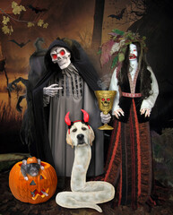 A dog labrador snake in red devil horns and a grim reaper are near a pumpkin in the wood for...