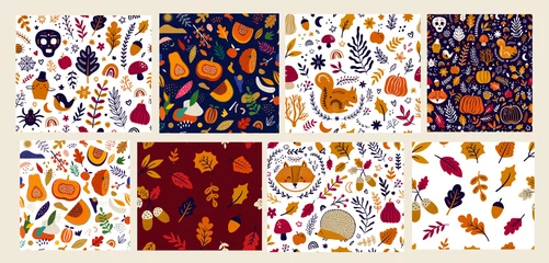 Poster Collection of autumn seamless patterns with pumpkins, leaves, animals and halloween symbols © moleskostudio