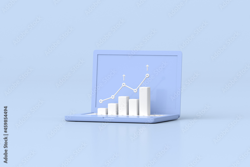 Poster Illustration of laptop with stock trading graph, growing strategy chart, cloud computing. 3d rendering.