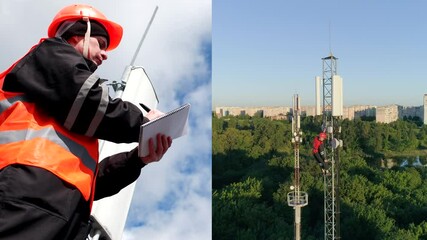collage engineer in uniform and helmet checks equipment communication tower takes notes, drone view of radio master works at great heights of tv tower