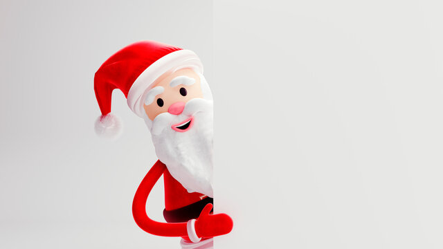 Cartoon character of Santa Claus with toys and gifts on light pastel background - 3D render. Christmas and New Year symbol. Greeting card, banner, template with copy space.