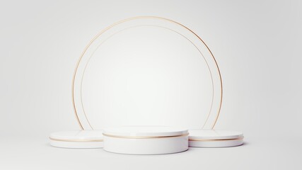 Christmas studio interior with gold platform, toys. Stand, podium, pedestal for goods, shop windows and magazines.New Year greeting card, poster, banner with gift boxes, presents - 3D, render. 