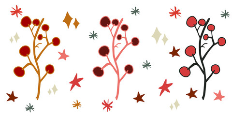 Christmas decorations Christmas twigs with berries isolated vector elements. Christmas doodles