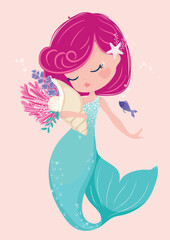 Cute mermaid with little fish vector illustration, illustration for kids fashion artworks, children books, greeting cards.
