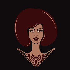 Beauty salon logo.Beautiful African American woman portrait.Afro hairstyle icon.Spa, aesthetics, beautician, hair studio business.Elegant, luxury, glamour style accessory.Face makeup.