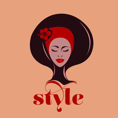 Beauty salon logo.Beautiful African American woman portrait.Afro hairstyle icon.Spa, aesthetics, beautician, hair studio business.Elegant, luxury, glamour style flower accessory.Face makeup.