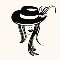 Woman with hat.Elegant hairstyle, makeup and accessories.Fashion and beauty illustration.Young lady portrait logo.Decorative elements.	
