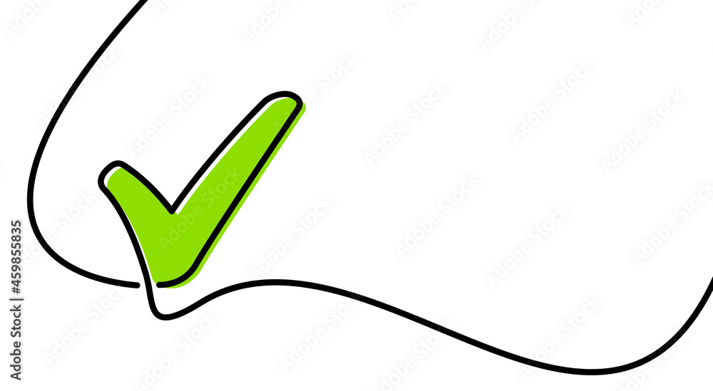 Poster single line green check mark drawing..