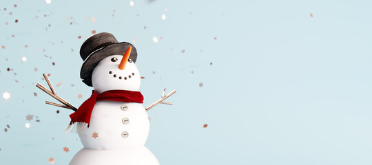 White happy Snowman with red scarf on blue background 3D Rendering, 3D Illustration