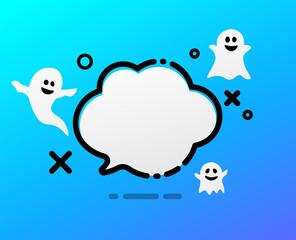 Blue speech bubble with cute flying ghosts..
