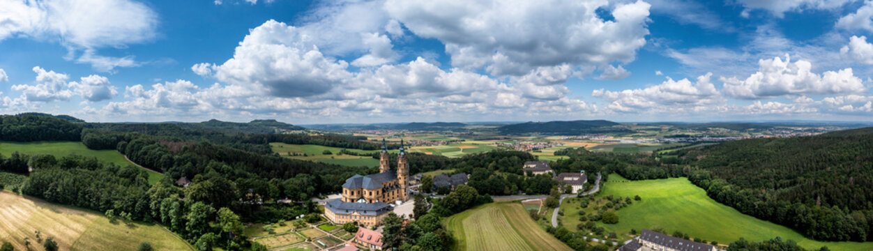 Aerial view, Basilica Vierzehnheiligen, Upper Main Valley, Franconia, Bavaria, Germany,