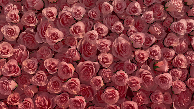 Romantic, Bright Wall background with Roses. Red, Floral Wallpaper with Beautiful, Elegant flowers. 3D Render