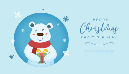 Merry christmas and happy new year greeting card with cute Polar Bear and gift box cartoon in modern flat style. Vector illustration