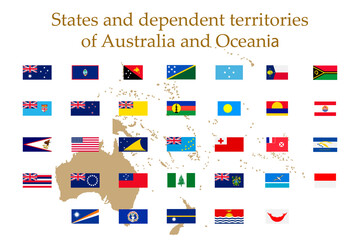 A set of flags of Australia and Oceania on a white background. Vector image of the flags of the states and dependent territories of Australia and Oceania. For a website, brochures, booklets, leaflets.