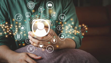 Hand businessman using mobile phone . Touch screen to click program and tool on technology digital marketing program all application for online business and lifestyle concept. Global customer network.
