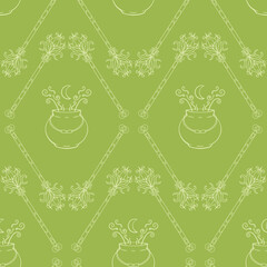 Vector Halloween Witchcraft in Green seamless pattern background. Perfect for fabric, scrapbooking and wallpaper projects.