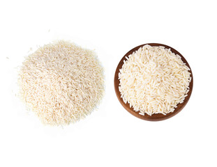 The glutinous rice white in a wooden bowl on a white background