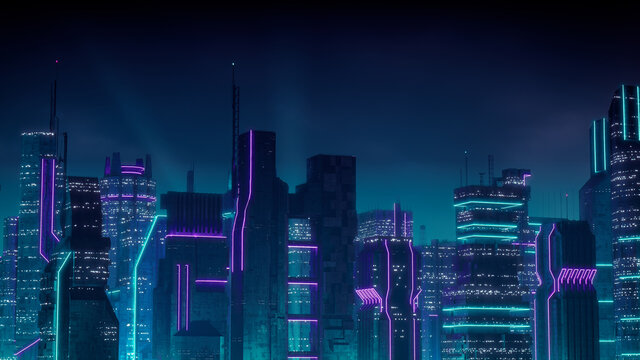 Cyberpunk City Skyline with Purple and Cyan Neon lights. Night scene with Futuristic Superstructures.
