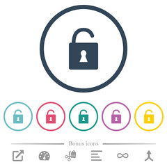 Unlocked padlock with keyhole flat color icons in round outlines