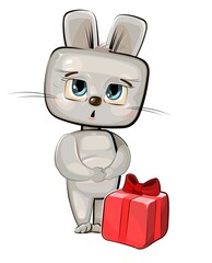 Hare received a gift. Red box with ribbon and bow. He is embarrassed to take. Childrens illustration. A happy animal. Cartoon style. Isolated over white background. Vector
