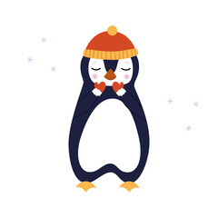 A cute penguin stands in a red hat and gloves. Greeting card or wallpaper