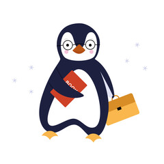 A blue penguin in glasses holds a book and carries a briefcase to study on a white background. Greeting card or wallpaper