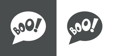 Fiesta de Halloween. Banner con texto Boo en burbuja de habla en fondo gris y fondo blanco