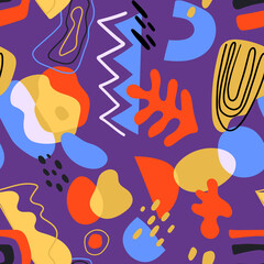 Seamless modern pattern with abstract various shapes and doodle objects. Trendy contemporary design