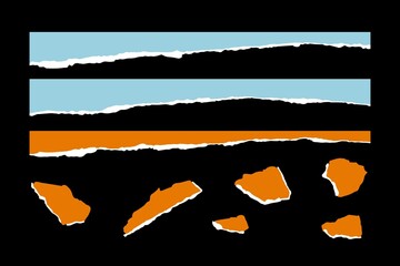 Set of different abstract shapes ripped paper tears isolated on black background. Design elements for banner, frame, poster, templates