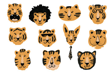Set of cute tiger characters portraits in various emotions. For children decor, nursery design, banner, emblem, pattern