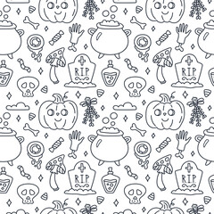 Happy Halloween. Seamless pattern. Cute doodle vector illustration with pumpkin, hand with bone, potion, cauldron, headstone, candy, mushroom, skull.