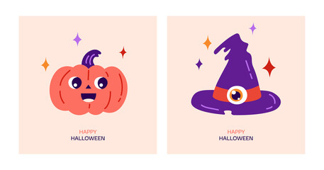Happy Halloween greeting card. Cartoon vector illustration with cute magic pumpkin, witches hat and stars.