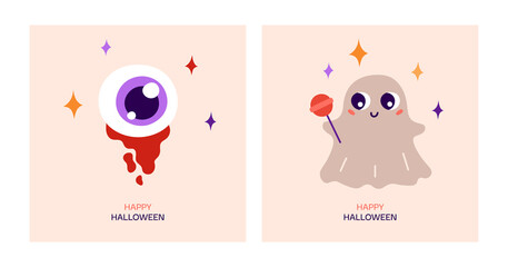 Happy Halloween greeting card. Cartoon vector illustration with cute magic ghost with candy, eye with blood and stars.