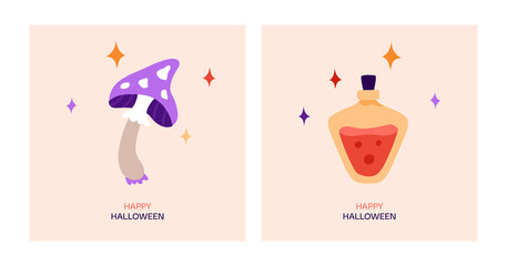 Happy Halloween greeting card. Cartoon vector illustration with cute magic mushroom, potion and stars.