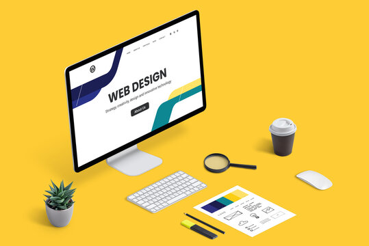 Web design studio concept. Computer display with concept web page and desk with sketch and color palette, keyboard, mouse, coffee, plant. Isometric view.