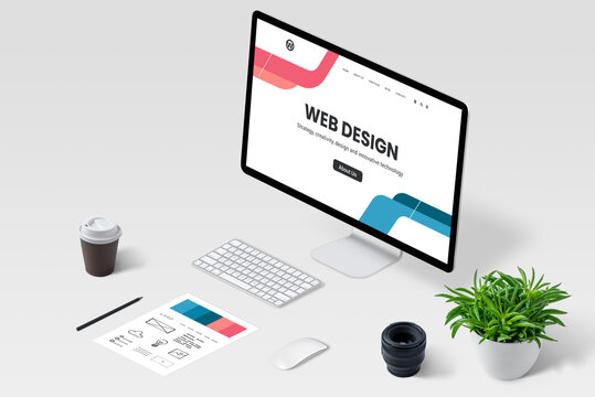 Isometric view of web designer work desk with computer display and modern web page concept.