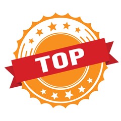 TOP text on red orange ribbon stamp.