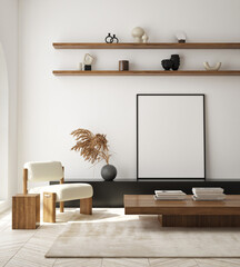 mock up poster frame in modern interior background, living room, Scandinavian style, 3D render, 3D illustration