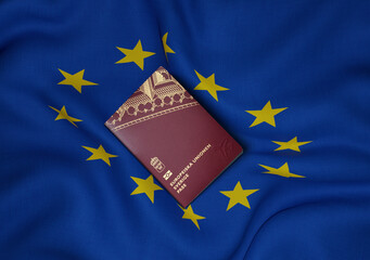 Sweden passport with European Union flag in background ,3D rendering
