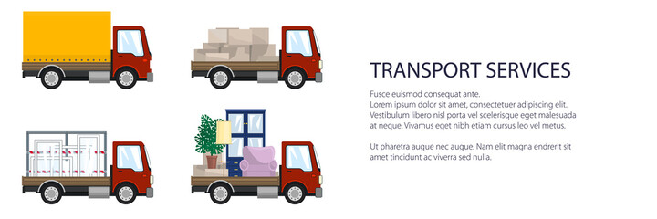 Red small trucks with different loads , empty and covered trucks, lorries with furniture and windows, delivery services banner, transport services and logistics, vector illustration