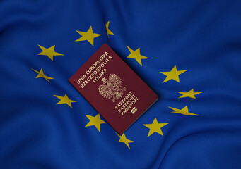 Poland passport with European Union flag in background
