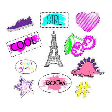 Cool stickers for girls with heart, cherry, dinosaur, eiffel tower, star and lettering.