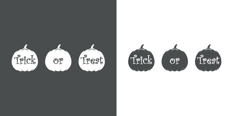 Banner con texto Trick or Treat en silueta de calabazas en fondo gris y fondo blanco	